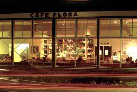 exterior cafe flora at night
